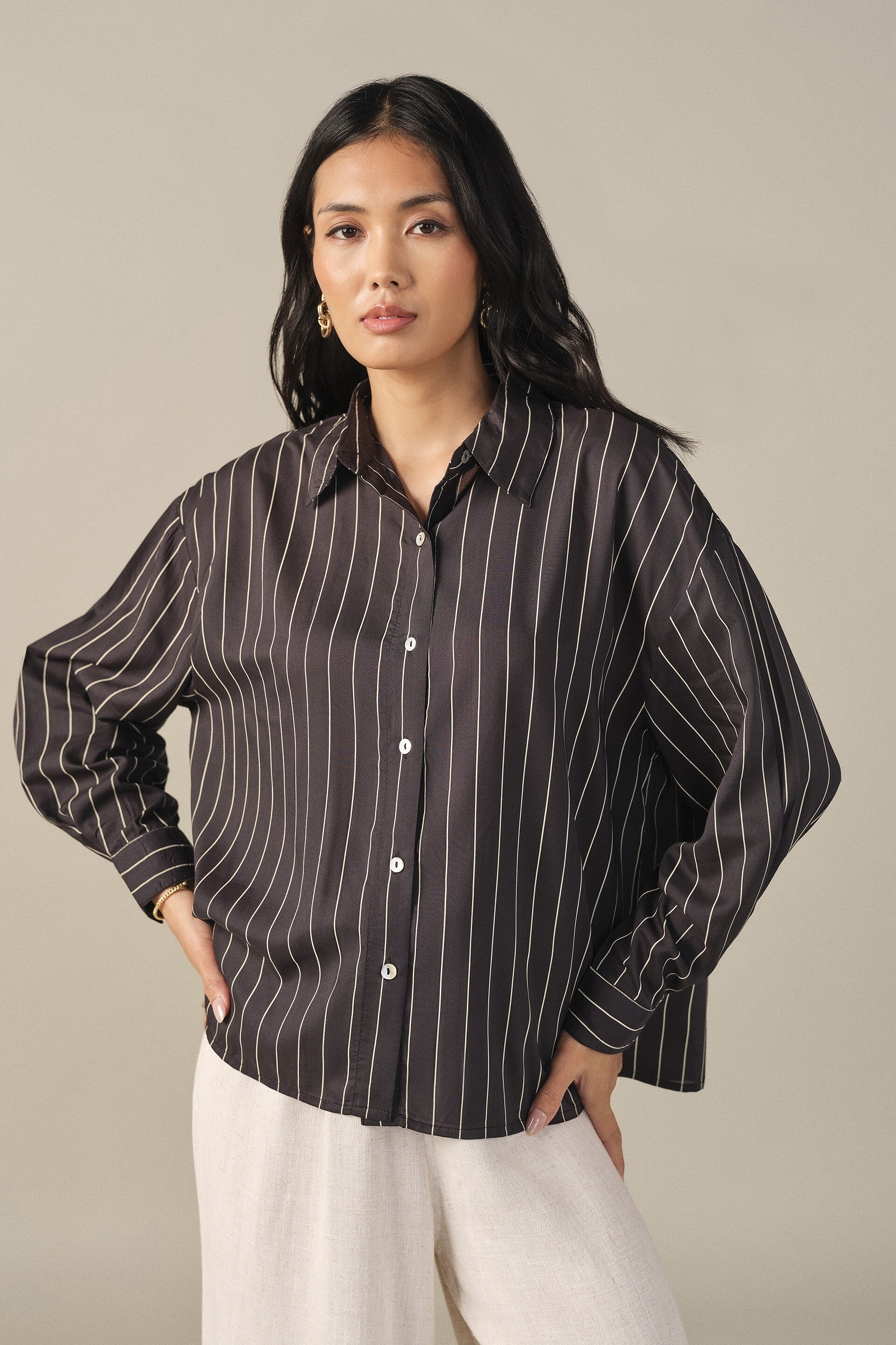 Striped Modal Shirt in Black, Black, image 1
